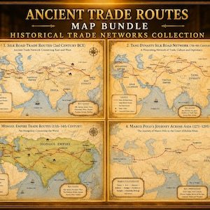 Könnte beinhalten: Ein digitales Karten-Set mit dem Titel Ancient Trade Routes, das vier historische Karten zeigt: Silk Road Trade Routes, Tang Dynasty Silk Road Network, Mongol Empire Trade Routes und Marco Polo's Journey Across Asia, alle auf einem pergamentartigen Hintergrund.