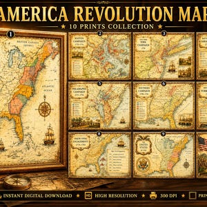 May include: A collection of 10 vintage-style prints titled America Revolution Maps, featuring historical cartography of the Thirteen Colonies, various military campaigns, naval engagements, and key battles with detailed legends, compass roses, and ships.