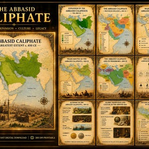 Op de afbeelding: Een verzameling van tien historische kaarten die het Abbasidische Kalifaat beschrijven, met geografische uitbreidingen, handelsroutes, administratieve structuren en culturele ontwikkelingen. Elke kaart bevat legenda's en kompasrozen.