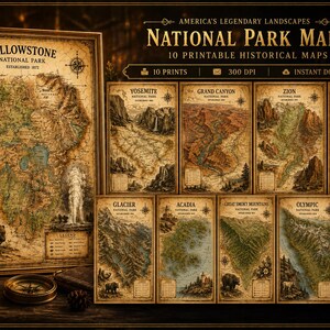 May include: A collection of ten vintage-style printable national park maps featuring Yellowstone, Yosemite, Grand Canyon, Zion, Rocky Mountain, Glacier, Acadia, Great Smoky Mountains, Olympic, and Bryce Canyon with detailed topography and illustrations.