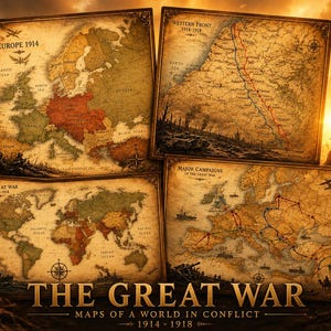 Op de afbeelding: Een verzameling van vier kaarten in vintage-stijl met de titel The Great War: Maps of a World in Conflict 1914-1918. De kaarten tonen Europa in 1914, het Westelijk front, belangrijke campagnes en een wereldkaart, in sepia-tinten.