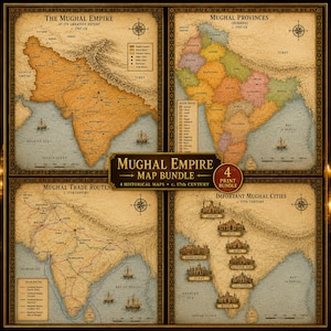Paquete de mapas del Imperio mogol / Conjunto de 4 mapas históricos de la India / Mapa de las ciudades, rutas comerciales y provincias mogolas / Lámina decorativa vintage para pared / Impresión digital