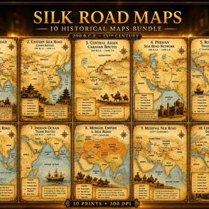Pode incluir: Um conjunto digital de 10 mapas históricos intitulado Silk Road Maps, 200 B.C.E. - 13th Century. Cada mapa apresenta um fundo estilo pergaminho com rotas comerciais, etiquetas geográficas, legendas e ilustrações de navios e caravanas.