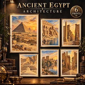 May include: A set of six framed art prints titled ANCIENT EGYPT ARCHITECTURE. The collection features detailed illustrations of pyramids, temples, and statues set against sunset skies, including the Great Pyramids and Abu Simbel.