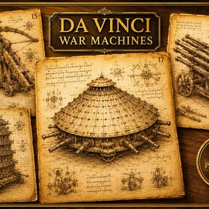 May include: A collection of 20 printable pages featuring sepia-toned sketches of Da Vinci war machines. The illustrations include a large armored tank, a multi-barreled cannon, a siege tower, and a crossbow, all with technical notes and diagrams.