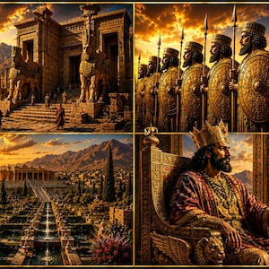 May include: A four-part digital art print bundle featuring ancient Persian themes. Scenes include a grand stone palace with winged statues, a line of armored soldiers with round shields, a terraced garden with fountains, and a king on a throne.