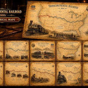 Puede incluir: Una colección de 10 impresiones históricas con mapas del Ferrocarril Transcontinental de la década de 1860. Las láminas muestran ilustraciones en tono sepia de locomotoras de vapor, escenas de construcción y cartografía detallada.