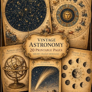 May include: A collection of five vintage-style astronomy prints featuring celestial maps, zodiac signs, an armillary sphere, a comet, and lunar phases. The central text reads VINTAGE ASTRONOMY 20 PRINTABLE PAGES 300 DPI INSTANT DOWNLOAD.