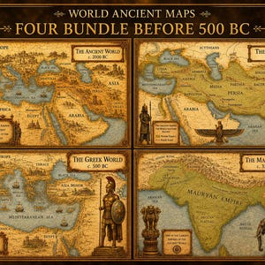 Può includere: Un set di quattro stampe digitali intitolato World Ancient Maps Before 500 BC, che presenta mappe storiche del mondo antico, dell'Impero persiano, del mondo greco e dell'Impero Maurya con cartografia dettagliata, illustrazioni e testo.