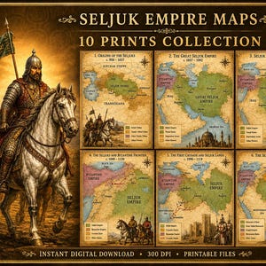 Op de afbeelding: Een digitale collectie van 10 historische kaarten van het Seltsjoekenrijk met gedetailleerde cartografie, regionale grenzen en historische labels. De set bevat illustraties van ruiters in harnas en architectonische bezienswaardigheden.