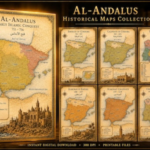 May include: A collection of ten historical maps titled Al-Andalus, featuring the Iberian Peninsula across various eras. Each map displays geographical borders, cities, and legends in a vintage parchment style with detailed illustrations of architecture.