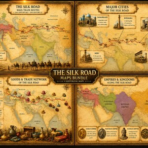 May include: A four-panel historical map bundle titled The Silk Road Maps Bundle. The panels display trade routes, major cities like Samarkand and Bukhara, goods such as silk and spices, and empires including the Roman, Parthian, Kushan, and Han China.