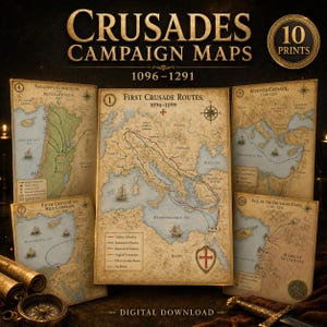 May include: A collection of 10 historical campaign maps titled Crusades Campaign Maps 1096-1291. The prints feature detailed routes, sea paths, and geographical labels on a parchment-style background with compass roses and ship illustrations.