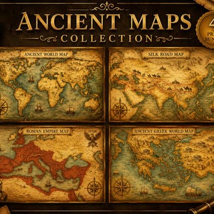 May include: A collection of four vintage-style maps titled Ancient Maps Collection 4 Print Bundle. The set includes an Ancient World Map, Silk Road Map, Roman Empire Map, and Ancient Greek World Map, all featuring sepia tones and compass roses.