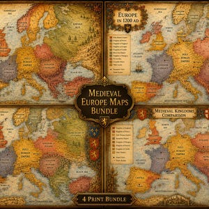 Pode incluir: Um conjunto de quatro impressões intitulado Medieval Europe Maps Bundle com mapas históricos da Europa em 1000, 1200, 1400 d.C. e uma comparação de reinos medievais. Cada mapa exibe territórios coloridos, legendas e rosas dos ventos.