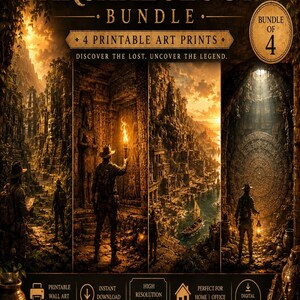 Könnte beinhalten: Ein digitales Kunstdruck-Bundle mit dem Titel "Fantasy Archaeology". Das Bild zeigt vier druckbare Kunstdrucke mit Szenen von Erkundung und Entdeckung. Die Drucke zeigen antike Ruinen, Entdecker und den Text "Discover the Lost. Uncover the Legend."