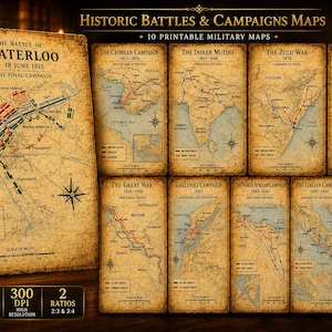 May include: A collection of ten printable military maps titled Historic Battles & Campaigns Maps, featuring aged parchment-style backgrounds. The maps detail historical conflicts including the Battle of Waterloo, the Crimean Campaign, and the Great War.