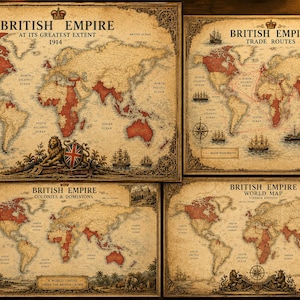 Op de afbeelding: Een set van vier kaarten in vintage-stijl die het Britse Rijk weergeven. De kaarten hebben verouderde perkamentachtergronden met rood gearceerde gebieden, kompasrozen, zeilschepen en decoratieve randen met Britse Rijk-titels.