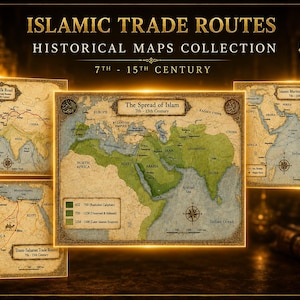 May include: A collection of four historical maps titled Islamic Trade Routes 7th-15th Century. The maps feature The Silk Road, The Spread of Islam, Islamic Maritime Trade Routes, and Trans-Saharan Trade Routes with gold borders and 300 DPI text.
