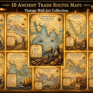 May include: A collection of ten vintage-style wall art maps depicting ancient trade routes. Each map features sepia-toned parchment backgrounds, detailed cartography, maritime illustrations, legends, and historical labels including 10 Ancient Trade Routes Maps.