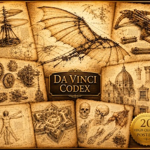 Pode incluir: Uma coleção de vinte cartazes em tons de sépia intitulados Da Vinci Codex, apresentando esboços detalhados a tinta de invenções mecânicas, estruturas arquitetónicas, estudos anatómicos e o Homem Vitruviano em fundos de papel pergaminho.
