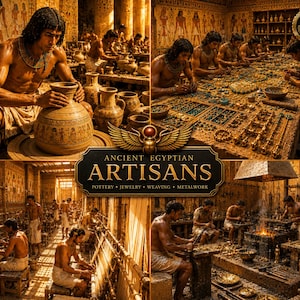 Puede incluir: Un collage de cuatro partes que representa a antiguos artesanos egipcios trabajando, incluyendo alfarería, joyería, tejido en telares y metalurgia. El texto central dice: ANCIENT EGYPTIAN ARTISANS POTTERY JEWELRY WEAVING METALWORK.