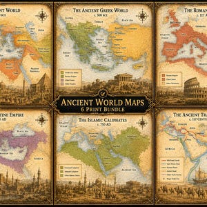 May include: A collection of six historical maps titled Ancient World Maps 6 Print Bundle. Each map features a specific era including the Ancient World, Ancient Greek World, Roman Empire, Byzantine Empire, Islamic Caliphates, and Ancient Trade Routes.