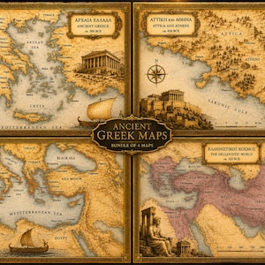 Op de afbeelding: Een set van vier kaarten in vintage-stijl met de titel Ancient Greek Maps Bundle of 4 Maps. De kaarten hebben sepia-kleurige perkamentachtergronden, gedetailleerde cartografie van het oude Griekenland, Attica, Griekse koloniën en de hellenistische wereld, met illustraties van tempels, schepen en historische figuren.