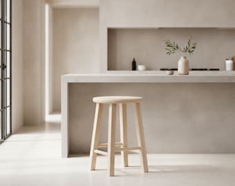 Solid Parawood Round Top Stool, Unfinished Wood Seat, Fully Assembled (18" or 24" Height)