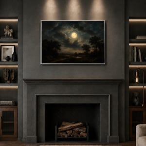Moonlit Landscape Wall Art Print, Dramatic Night Sky Decor, Nature Canvas Art for Living Room or Bedroom Aesthetic, night sky art image 6