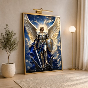 May include: A framed wall art print depicting a winged figure in silver armor with a blue cape, holding a sword and shield while standing over a dark creature. The scene is set against a backdrop of a bright, cloudy sky with golden light.