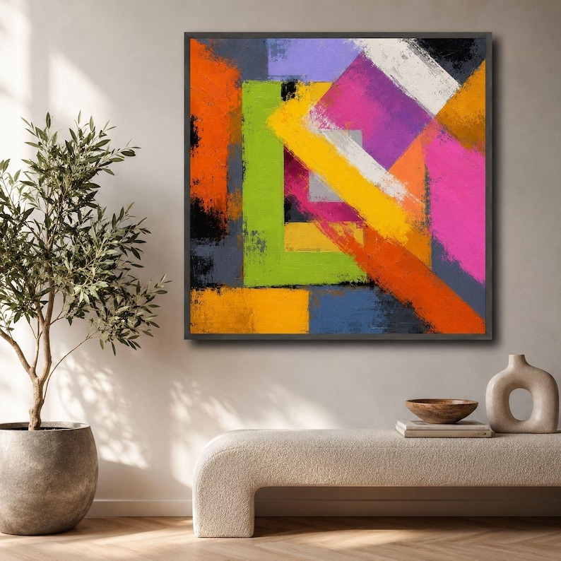 Colorful Geometric Red Green Wall Art, Neon Abstract Canvas, Modern ...
