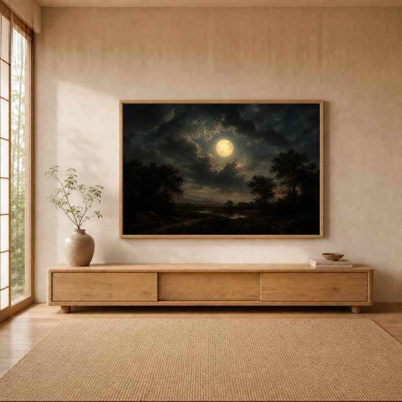 Moonlit Landscape Wall Art Print, Dramatic Night Sky Decor, Nature Canvas Art for Living Room or Bedroom Aesthetic, night sky art image 5