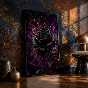 Black Rose Wall Art, Purple Smoke Canvas, Dark Floral Statement Print