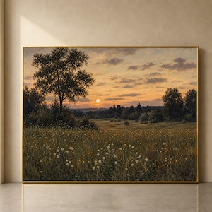 Op de afbeelding: Een rechthoekig landschapsschilderij in een dunne gouden lijst met een zonsondergang boven een veld met wilde bloemen en hoog gras. De scène toont een grote boom aan de linkerkant, een rij bomen in de verte en een zachte oranje lucht.