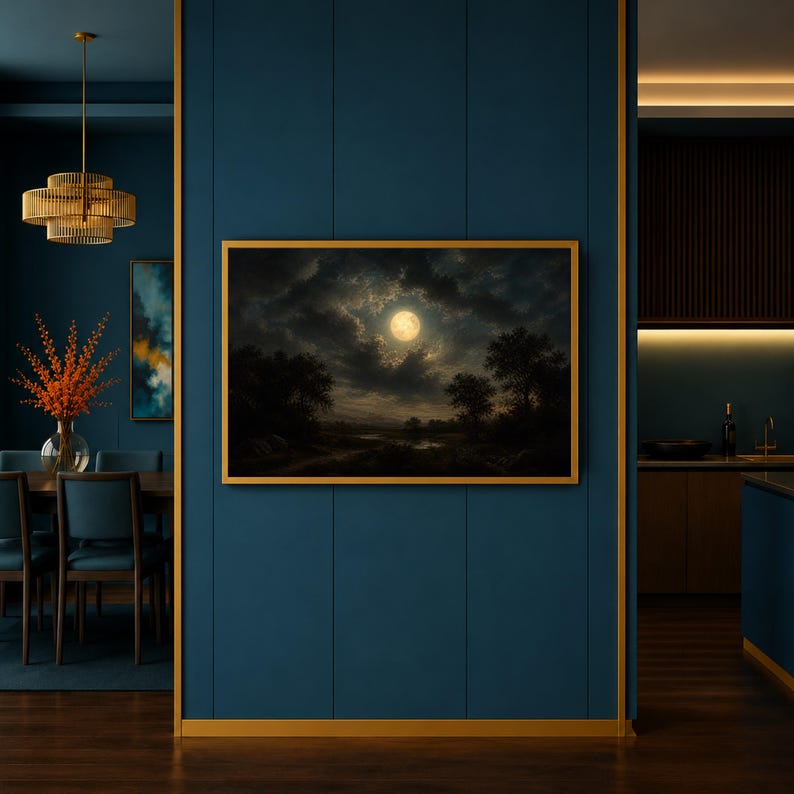 Moonlit Landscape Wall Art Print, Dramatic Night Sky Decor, Nature Canvas Art for Living Room or Bedroom Aesthetic, night sky art image 3