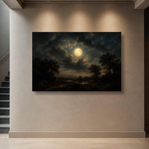 Moonlit Landscape Wall Art Print, Dramatic Night Sky Decor, Nature Canvas Art for Living Room or Bedroom Aesthetic, night sky art image 7