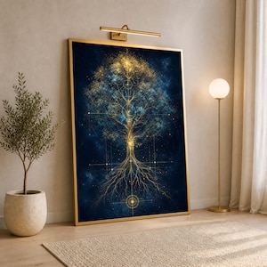 May include: A rectangular wall art piece in a gold frame featuring a golden tree with intricate roots and branches against a deep blue, starry nebula background. The artwork includes geometric lines and circular patterns overlaid on the tree design.