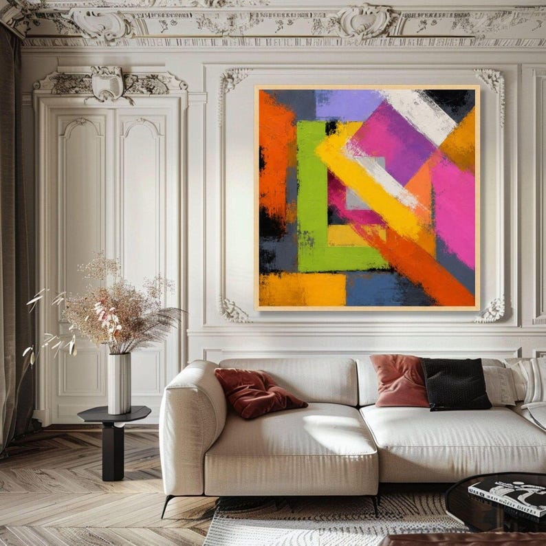 Colorful Geometric Red Green Wall Art, Neon Abstract Canvas, Modern ...