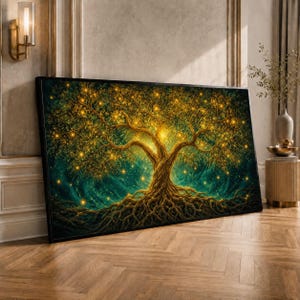 May include: A framed canvas art print depicts a glowing tree with a golden trunk and branches, adorned with sparkling lights. The artwork features a teal and green background with intricate root details, creating a mystical and enchanting scene. The canvas is framed in black.