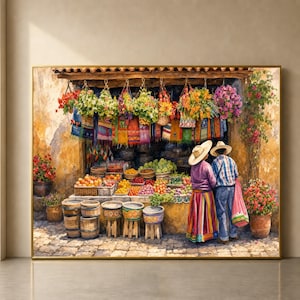 May include: A painting of an outdoor market stall featuring hanging colourful textiles and flower baskets. Two individuals wearing wide-brimmed hats stand before wooden crates filled with various fruits and vegetables on a cobblestone street.