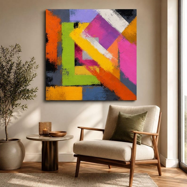 Colorful Geometric Red Green Wall Art, Neon Abstract Canvas, Modern ...