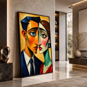 May include: A framed cubist-style painting featuring two faces joined at the centre. The left figure has blue eyes, dark hair, and a blue suit with a tie. The right figure has green eyes, brown hair, a red garment, and a blue earring.