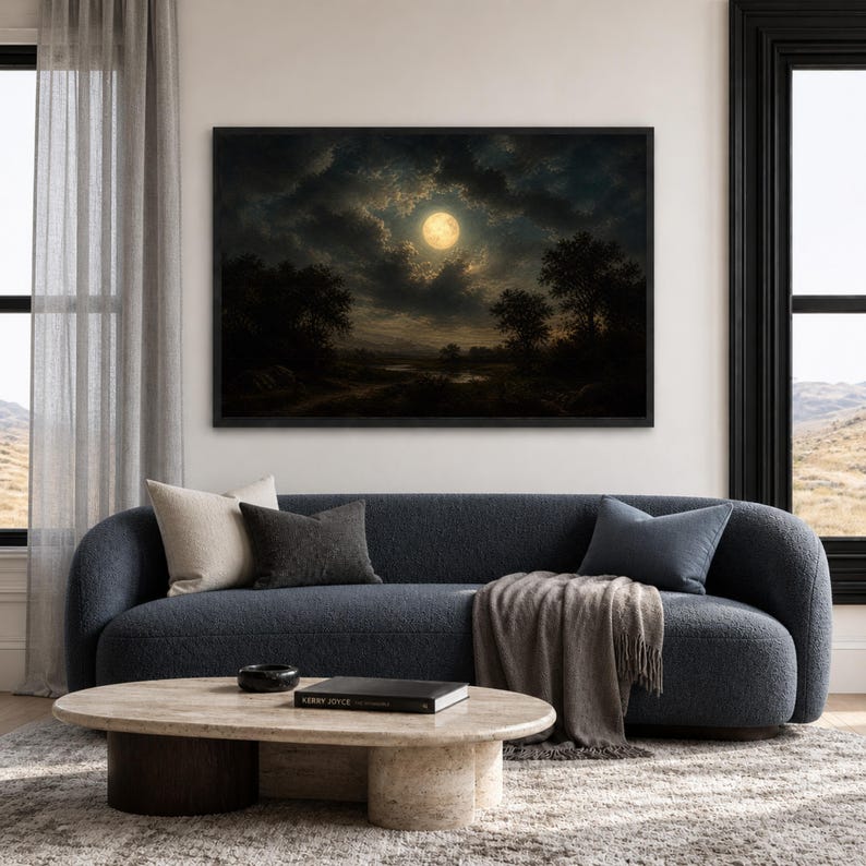 Moonlit Landscape Wall Art Print, Dramatic Night Sky Decor, Nature Canvas Art for Living Room or Bedroom Aesthetic, night sky art Stretched Wood Canvas