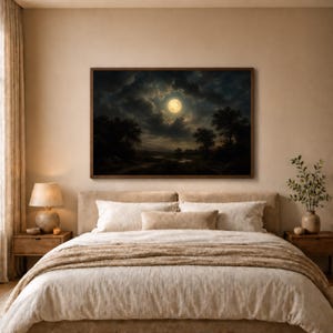 Moonlit Landscape Wall Art Print, Dramatic Night Sky Decor, Nature Canvas Art for Living Room or Bedroom Aesthetic, night sky art image 4
