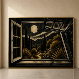 May include: A framed wall art print featuring a black and gold illustration of a night landscape viewed through an open window. The scene depicts a full moon, tall cypress trees, rolling hills, and a winding path surrounded by dense foliage.
