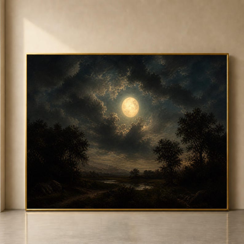 Moonlit Landscape Wall Art Print, Dramatic Night Sky Decor, Nature Canvas Art for Living Room or Bedroom Aesthetic, night sky art image 1