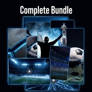 May include: A collection of images with a soccer theme, including close-ups of soccer balls, a stadium, and a person celebrating. The words "Complete Bundle" are displayed at the top in white text against a dark background.