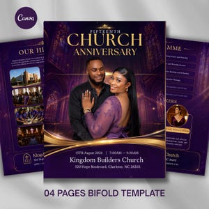May include: A four-page bifold church anniversary program template in deep purple and gold. The cover features a couple, the text FIFTEENTH CHURCH ANNIVERSARY, and event details for August 15, 2026, at Kingdom Builders Church in Charlotte, NC.