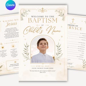 Puede incluir: Una plantilla de programa de bautizo con fondo crema, texto dorado y detalles botánicos. El centro muestra la foto de un niño con camisa blanca dentro de un marco arqueado, con el texto Welcome to the Baptism of Child's Name.
